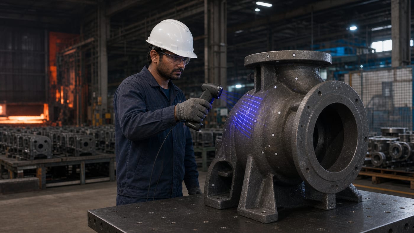 MR Ferro engineer 3D-scanning a cast pump housing with a Creaform HandySCAN blue-laser scanner